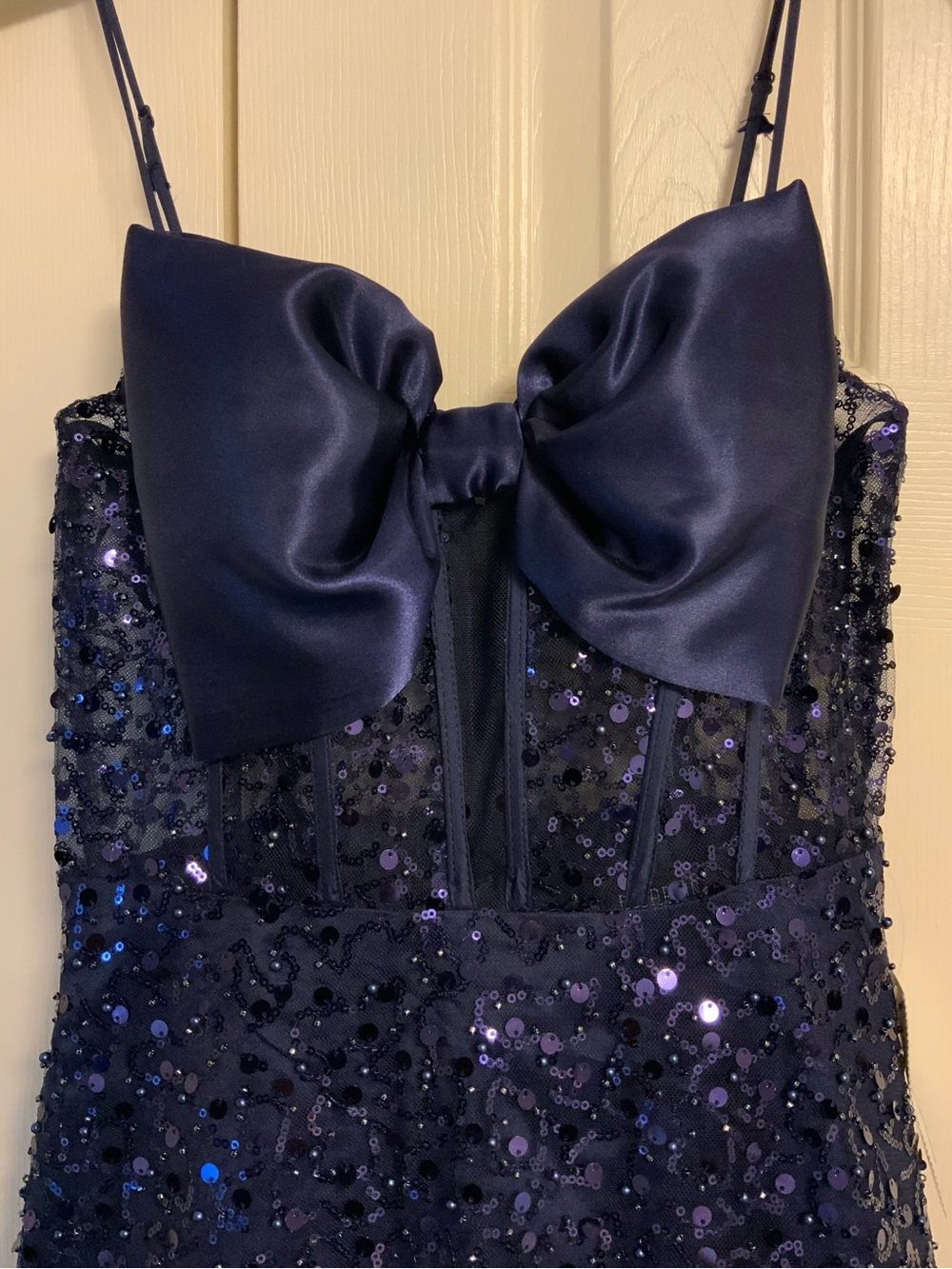 B Darlin Navy Sequin Bow-Front Maxi Dress - Picture 3 of 11
